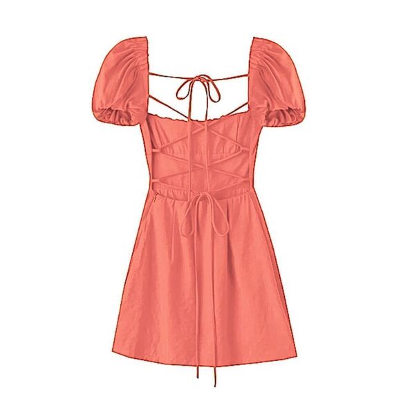 Coral Orange cap sleeve open back lace up cap sleeve mini square neck dress L - Picture 1 of 12